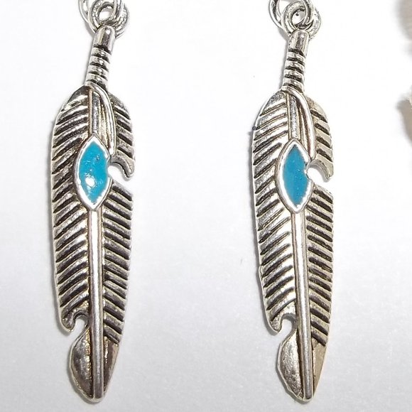 Silver & Turquoise Blue Feather Earrings Set 5374 - Picture 7 of 7